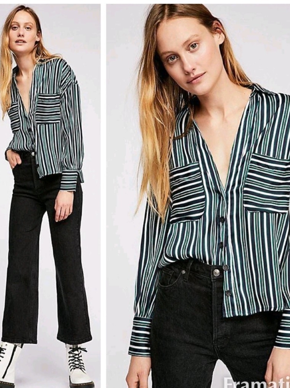 Free People "MAD ABOUT YOU" Striped Button-Front Medium Blouse in Green & Black